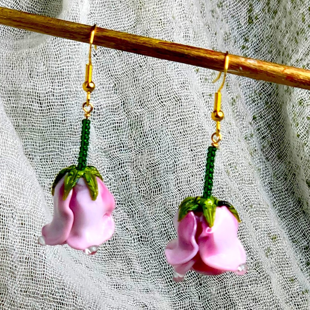 🌹Glass Pink Rose Earrings